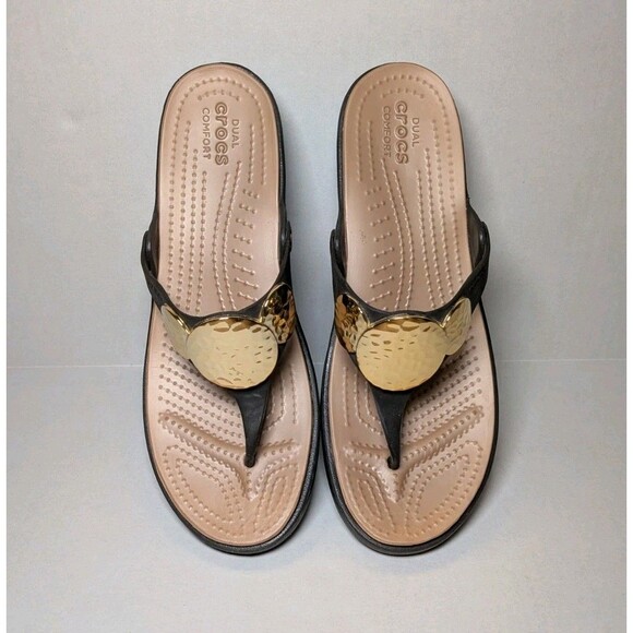 CROCS Shoes - Crocs Sandal Women's 11 Sanrah Brown Gold Embellish Wedge Thong Flip Flops Slide